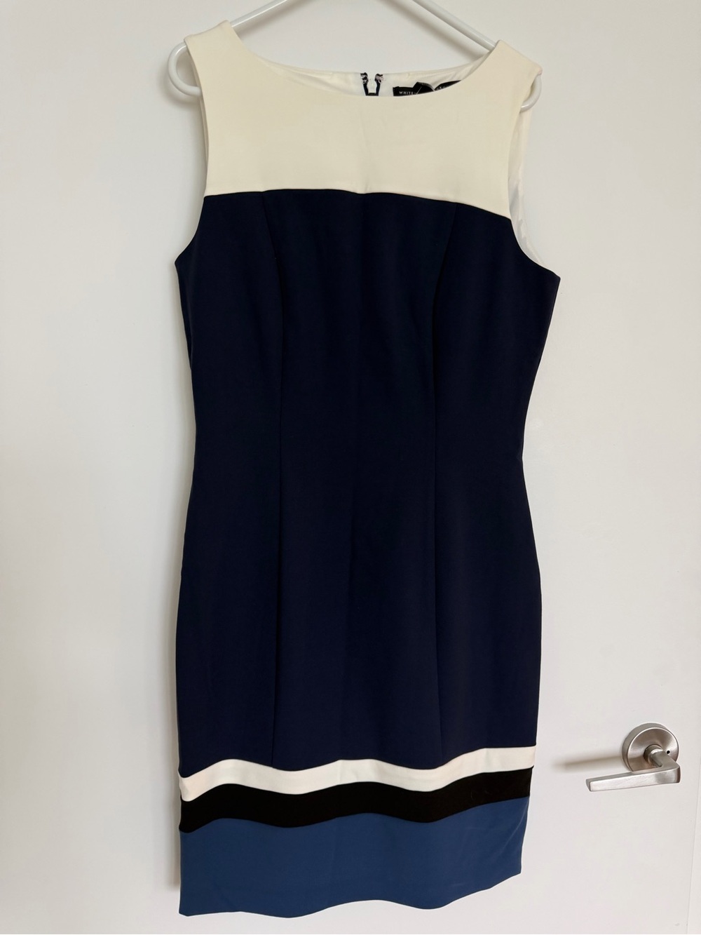 White House Black Market Body Perfecting MIDI Sheath in Navy/ Black color block